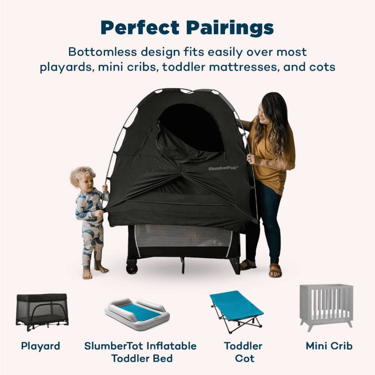 Black SlumberPod tent being used with a child and adult, with text about perfect pairings on a white background.