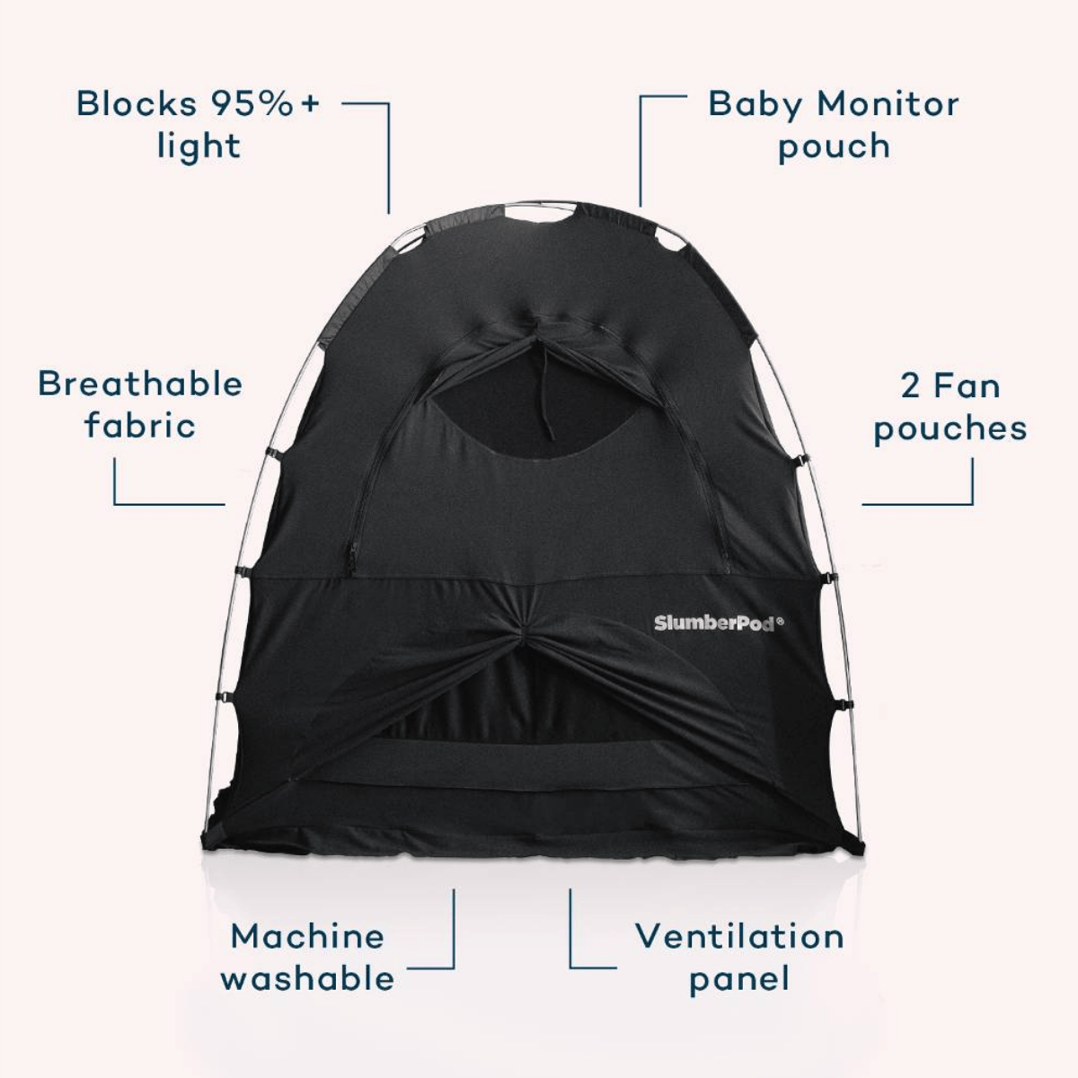 Black SlumberPod with features highlighted on a white background