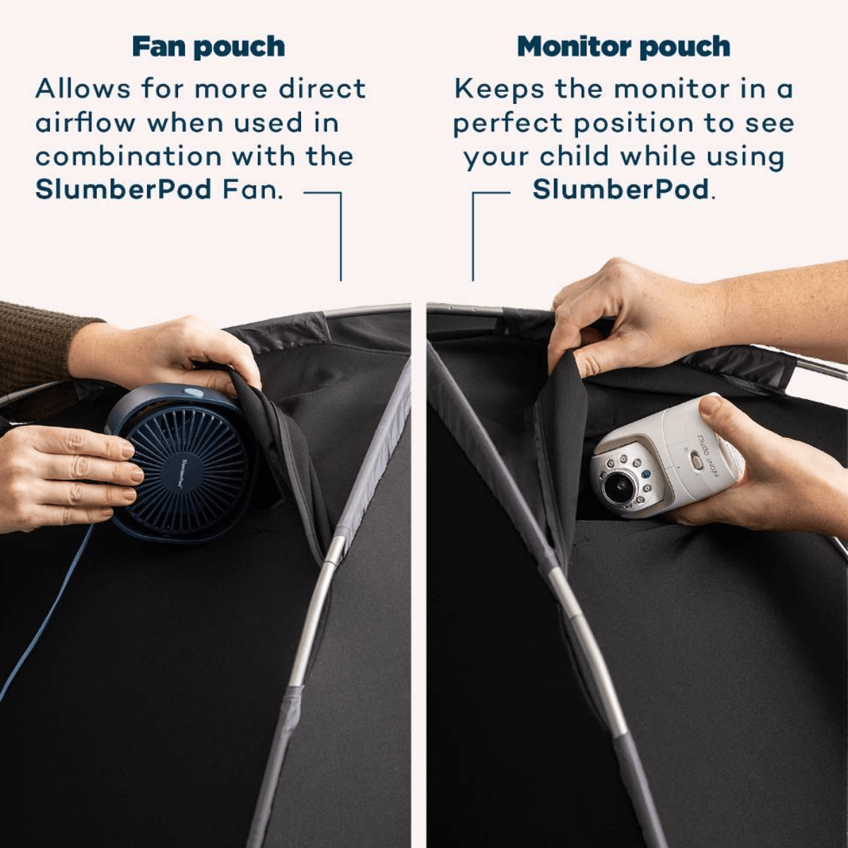 Two images showing a fan pouch and monitor pouch for SlumberPod products.