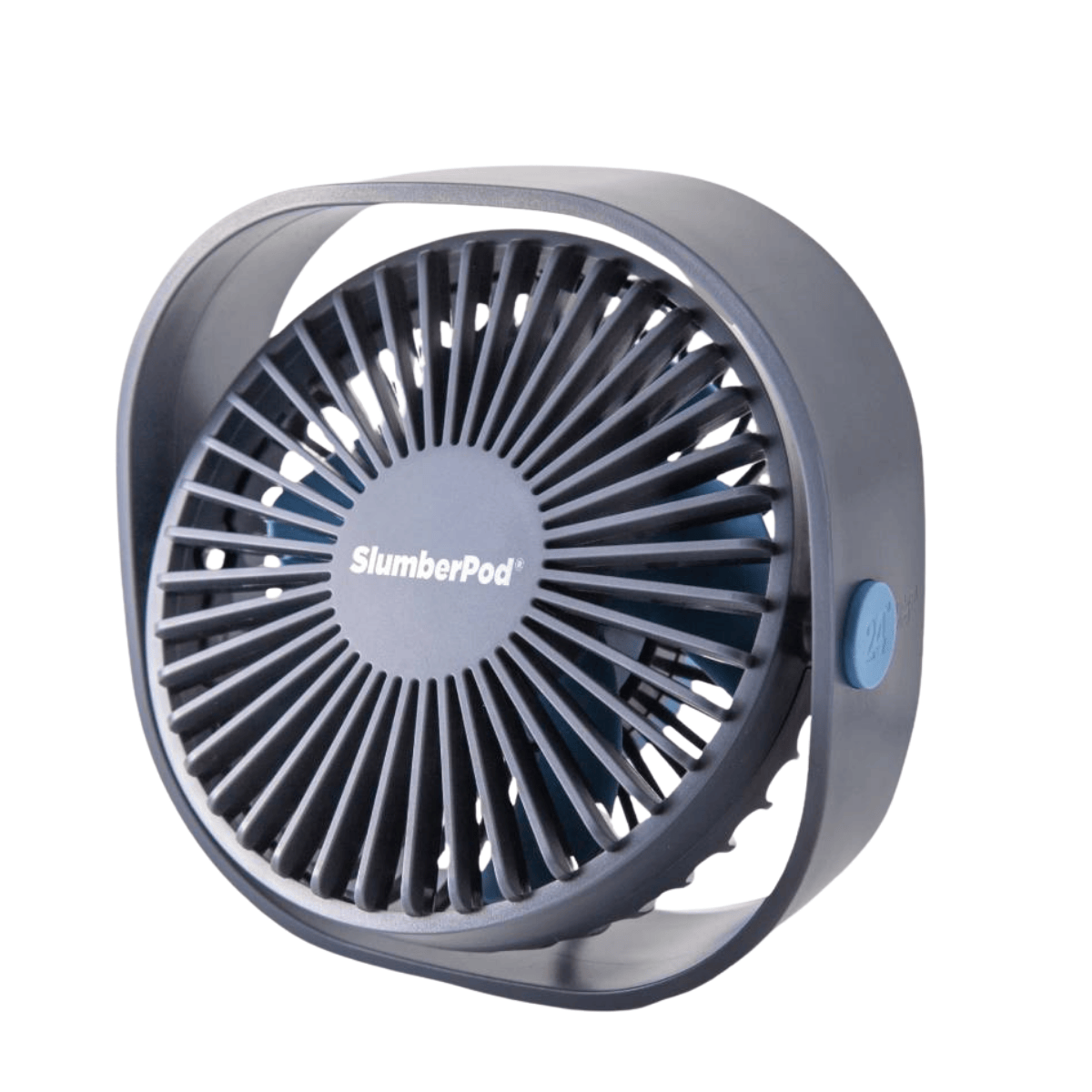 Gray portable fan with 'SlumberPod' branding on a white background