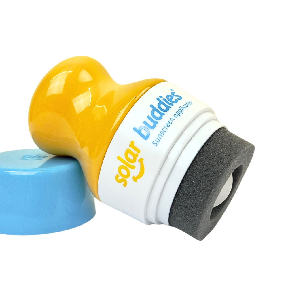 This yellow and blue Solar Buddie is a refillable sunscreen applicator for kids and babies of any age. It&#39;s easy to use, no mess and perfect for outdoor fun and travel.