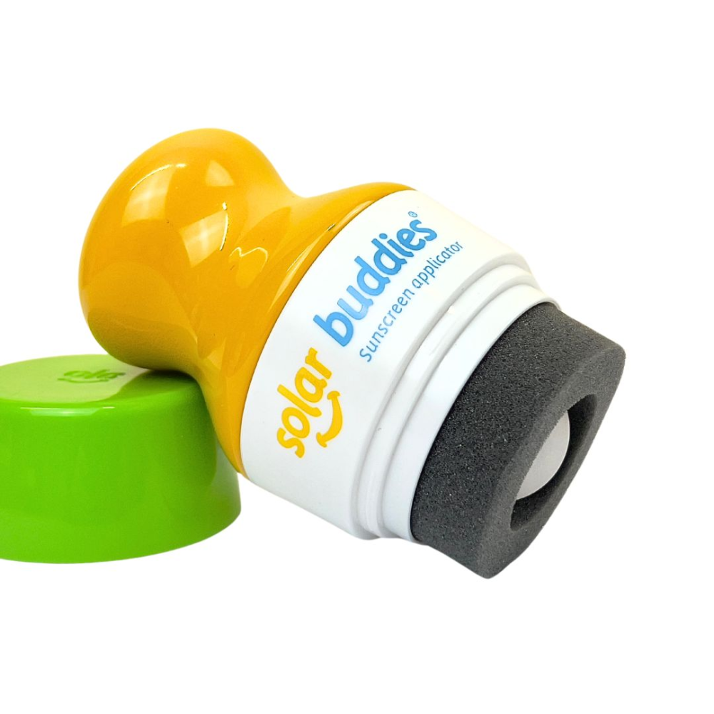 This green and yellow Solar Buddie is a refillable sunscreen applicator for kids and babies of any age. It&#39;s easy to use, no mess and perfect for outdoor fun and travel.