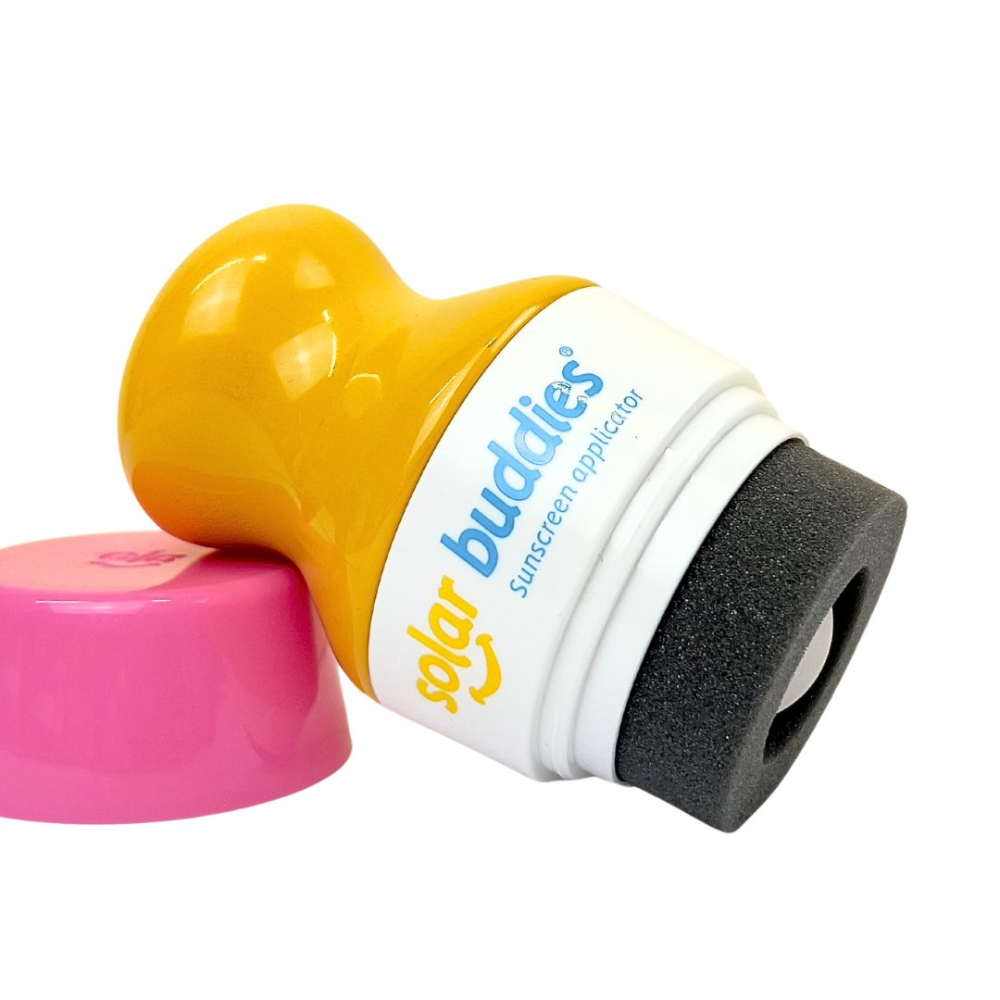 This pink and yellow Solar Buddie is a refillable sunscreen applicator for kids and babies of any age. It&#39;s easy to use, no mess and perfect for outdoor fun and travel.