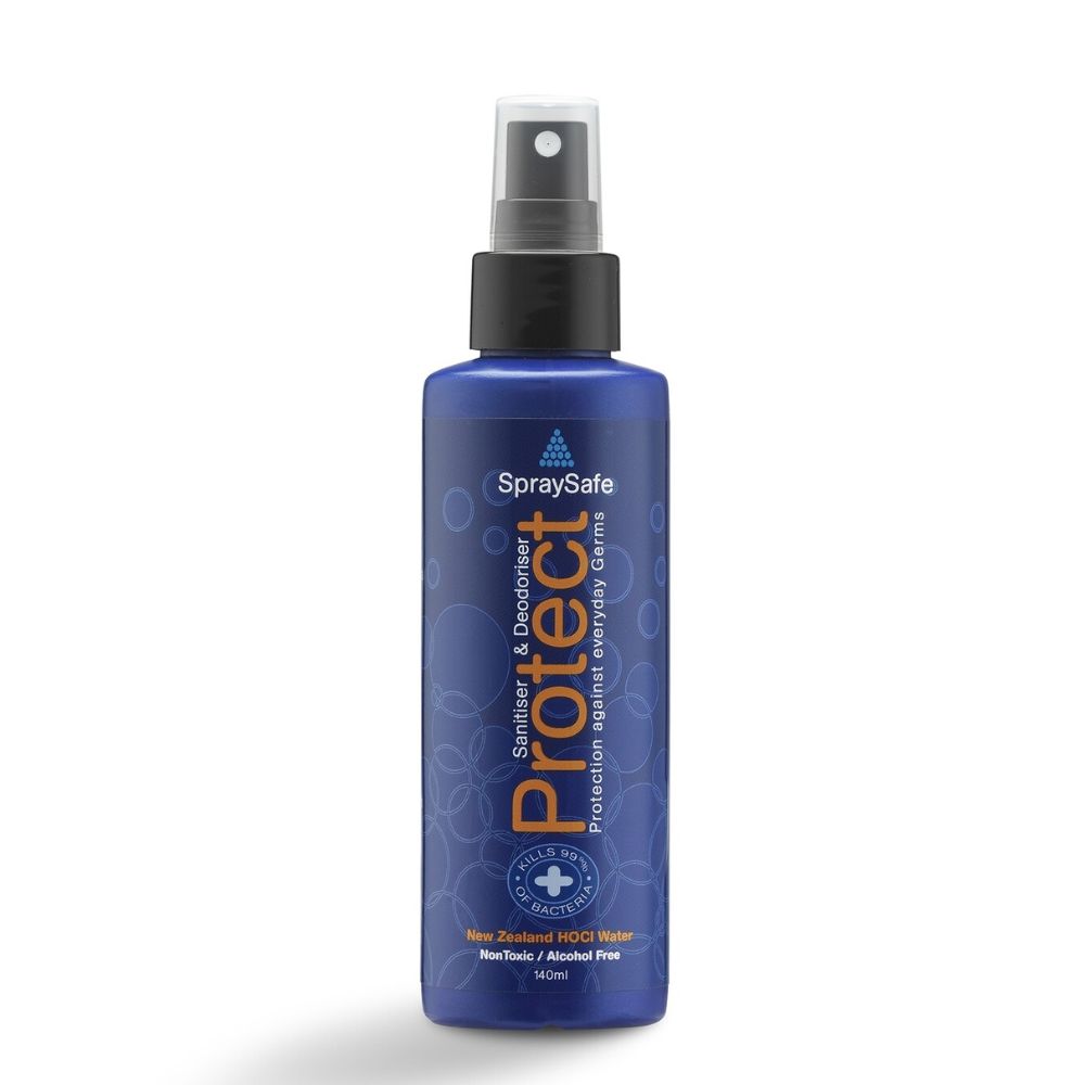 SpraySafe alcohol-free sanitizer with hypochlorous acid, kills 99.9% of germs, safe for all ages, perfect for hands, surfaces, and toys.