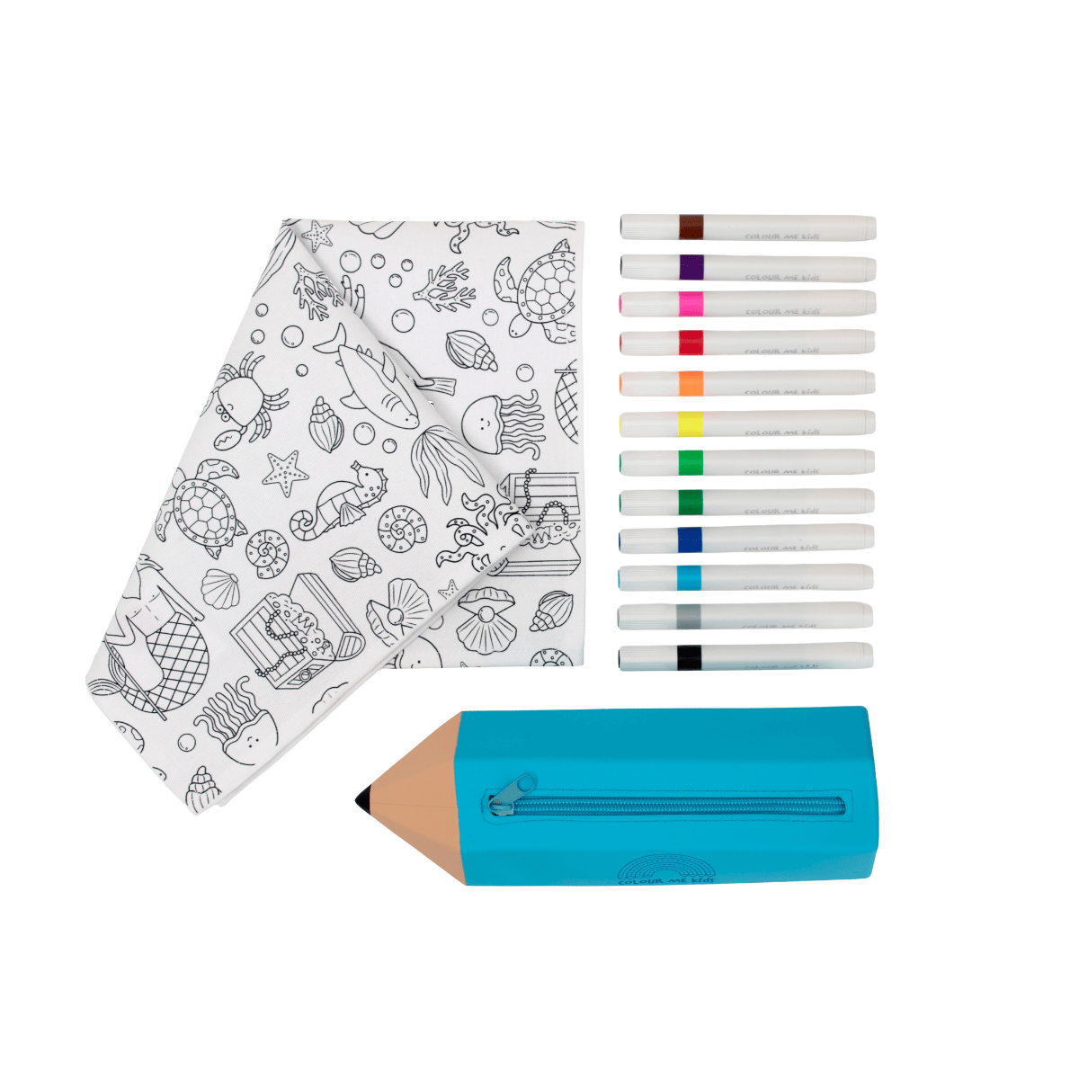 Coloring mat with ocean-themed illustrations, markers, and a large blue pencil on a white background