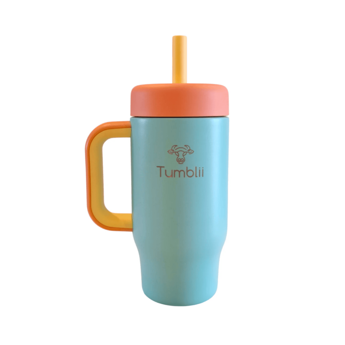 Blue tumbler with orange handle and lid on a white background