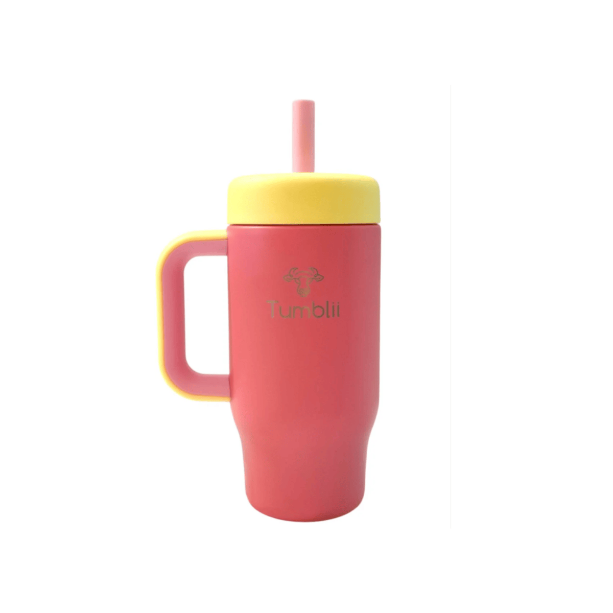 Pink tumbler with yellow lid and handle on a white background