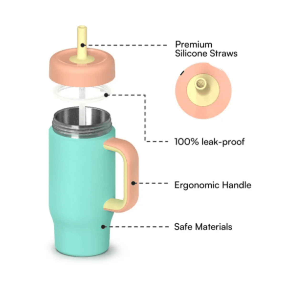 Turquoise tumbler with pink handle and lid, featuring silicone straws and ergonomic design on a white background.