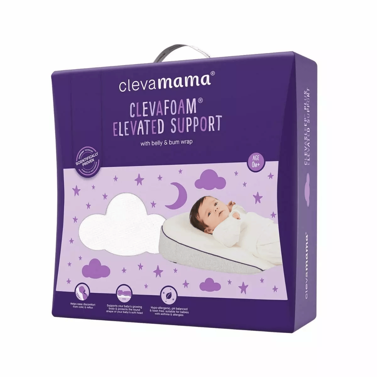 Clevamama Clevafoam Elevated Support packaging with a baby on a white background