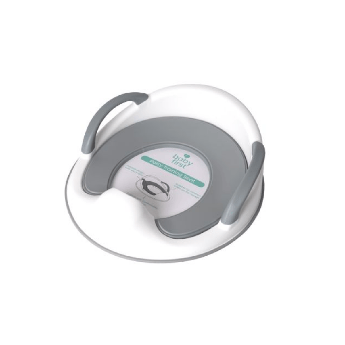White and gray baby seat with a circular base on a white background