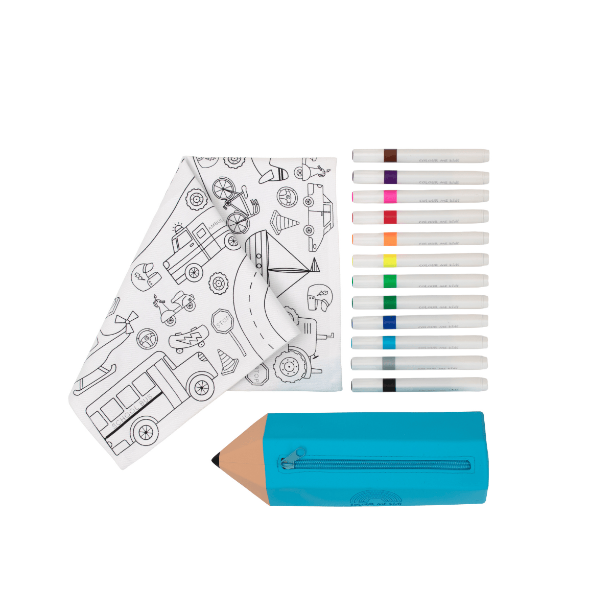 Coloring mat with a pencil and markers on a white background