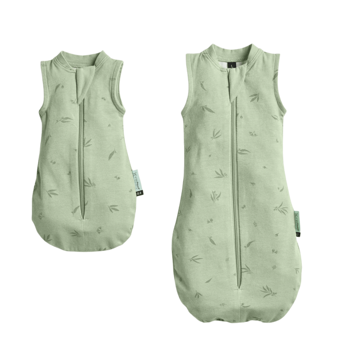 Two green sleeveless dolls sleeping bags with zipper on a white background