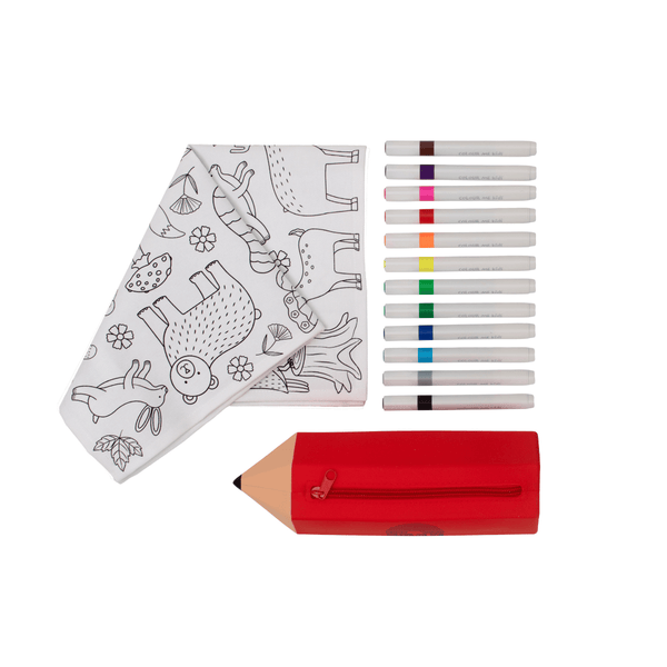 Coloring mat with markers and a red pencil case on a white background