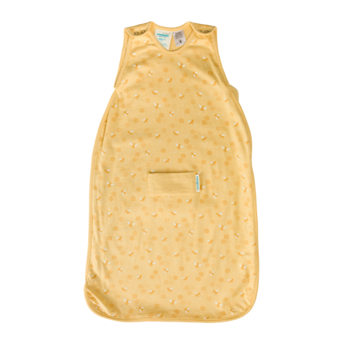 Yellow baby sleeping bag with a subtle pattern on a white background