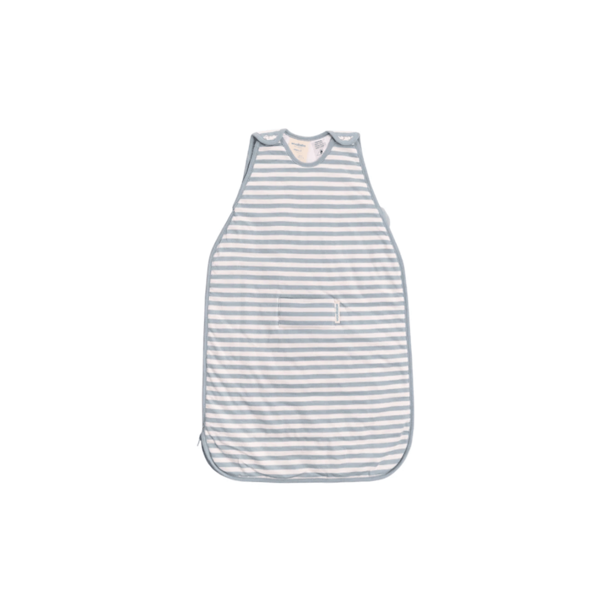 A sleeveless baby sleep sack with horizontal light blue and white stripes, featuring a small front pocket, shown against a plain white background.
