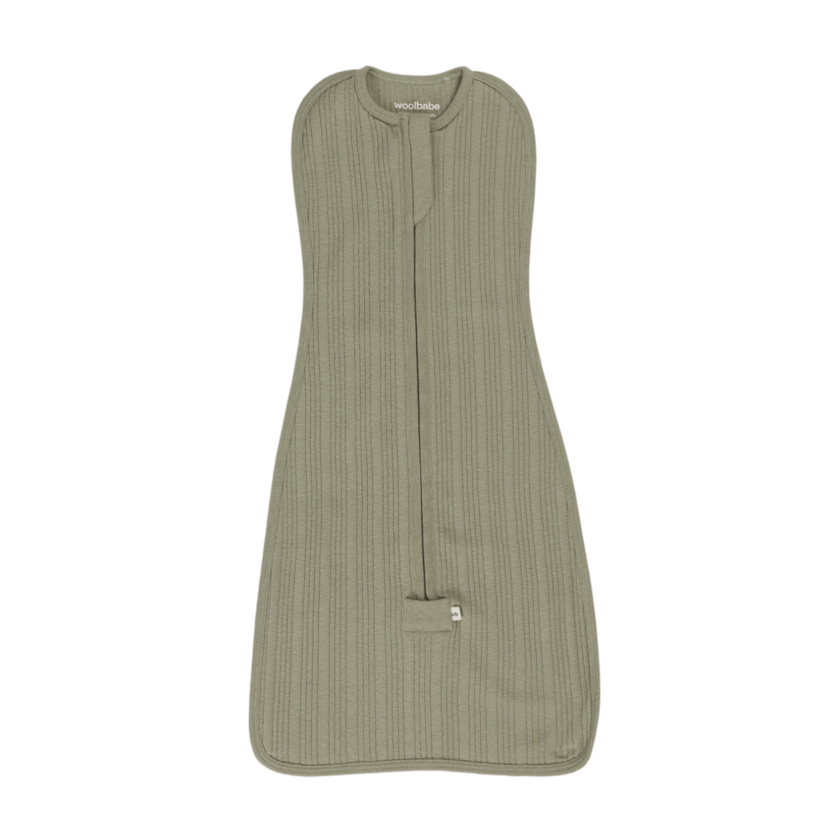 Green baby sleeping bag swaddle with a visible brand label on a white background