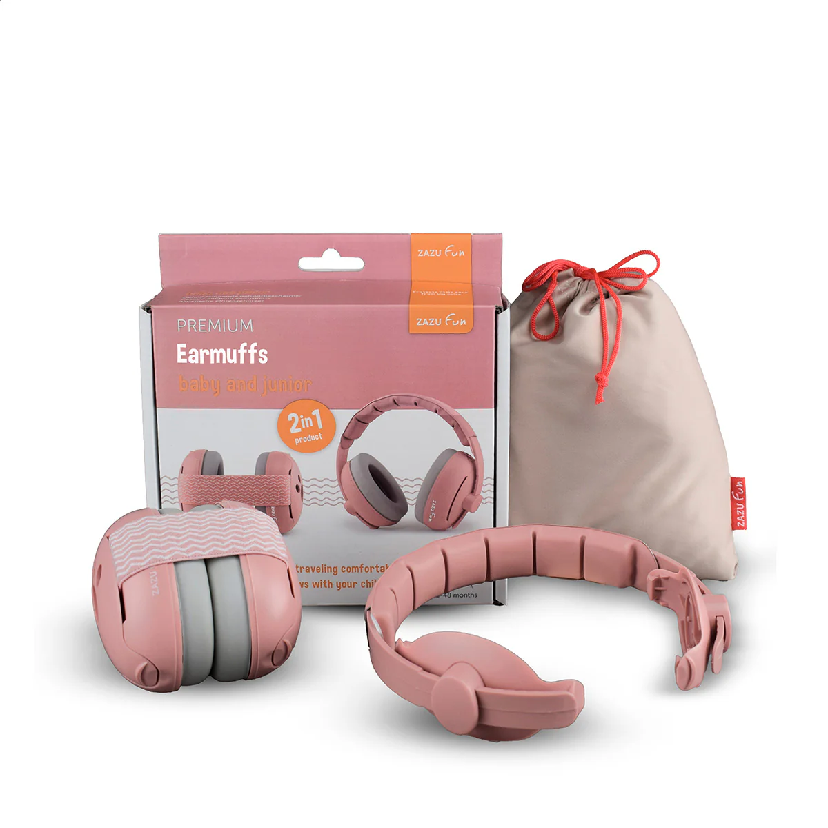 Pink Zazu 2-in-1 earmuffs with packaging and carrying bag on a white background