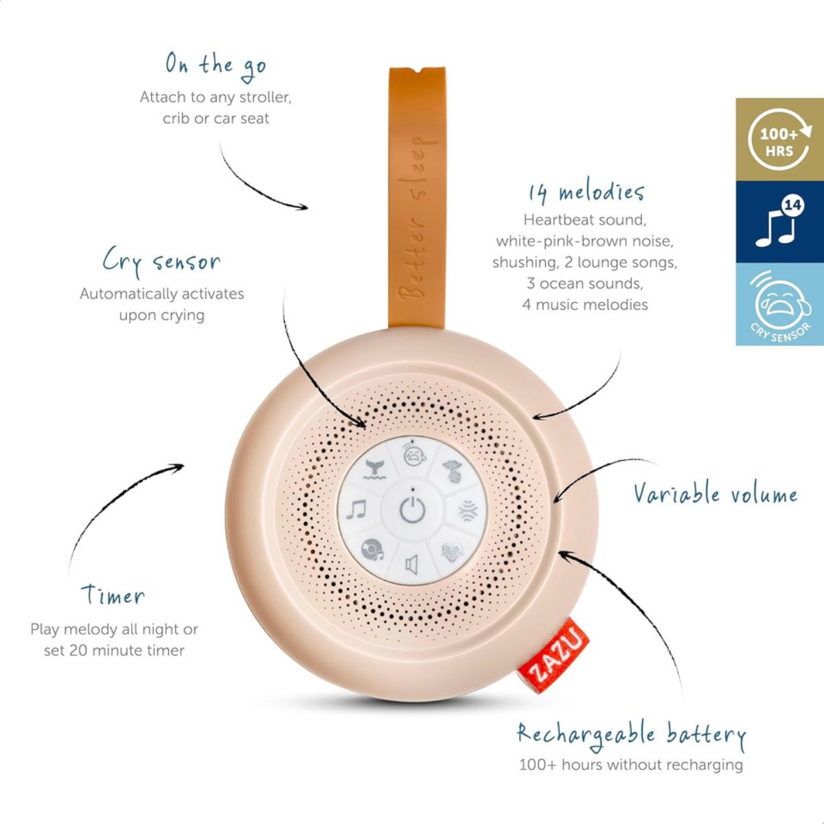 Help your baby to fall asleep with one of the 14 different pre-programmed melodies, like shushing, heartbeat sound or white noise.
