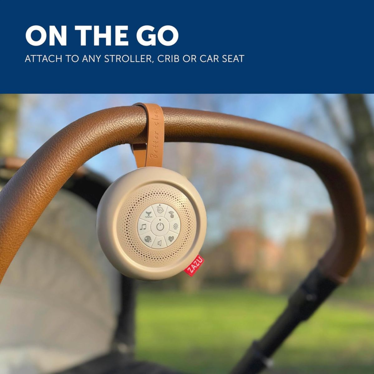 Baby monitor attached to a stroller with 'On the Go' text and product details.