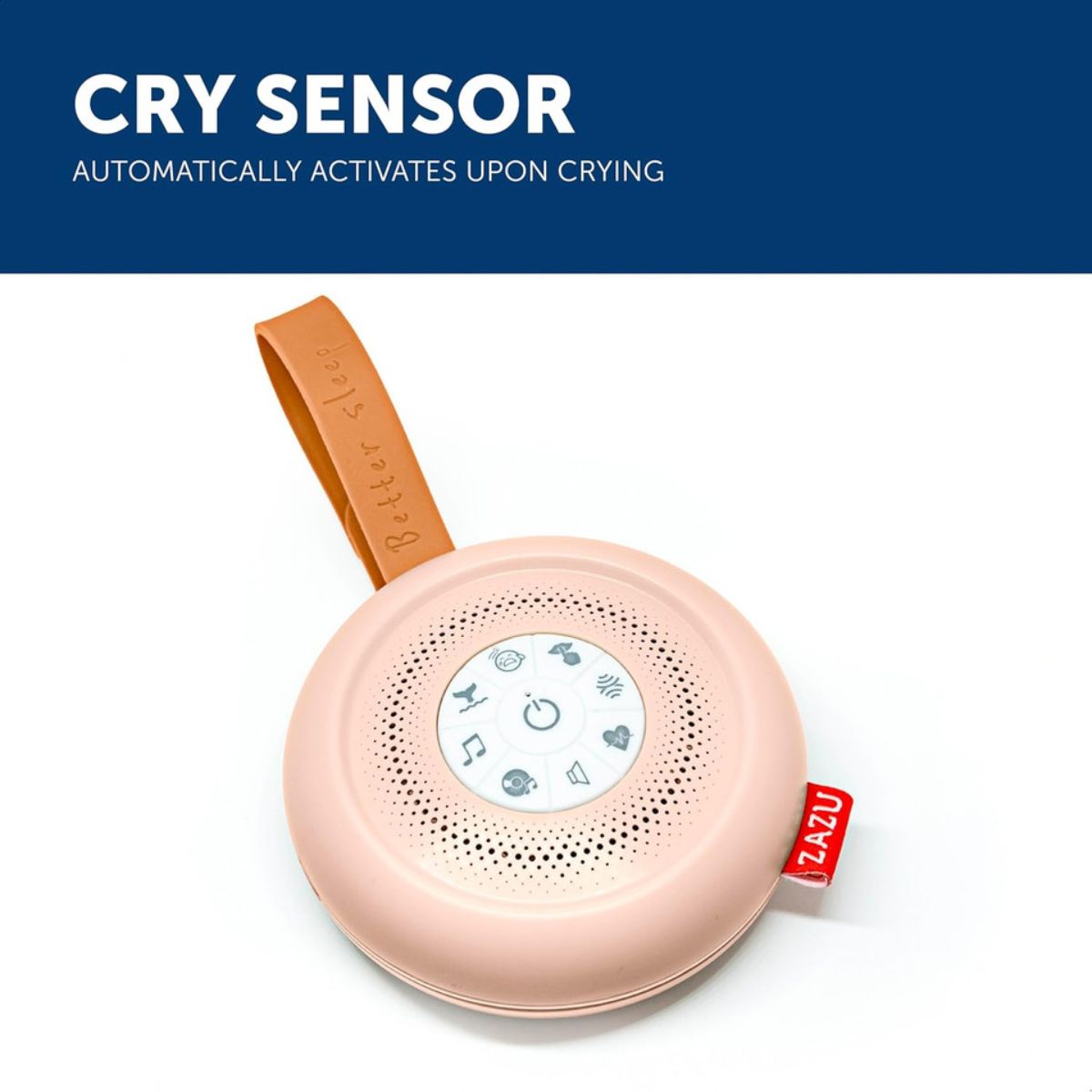 Cry sensor device with a brown strap and visible brand logo on a white background