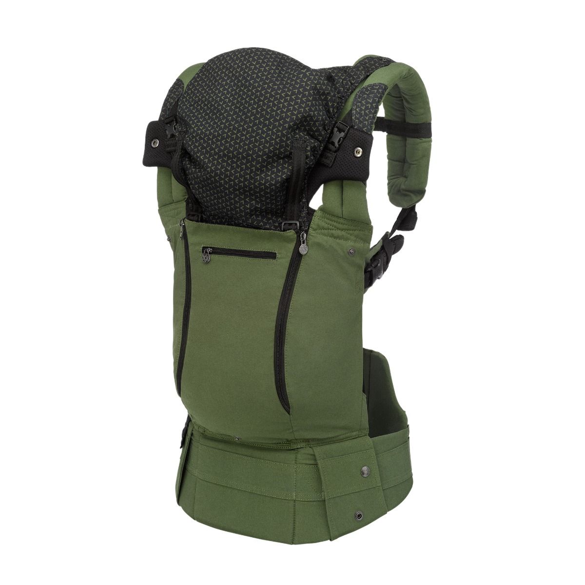 Olice Green baby carrier with black accents on a white background