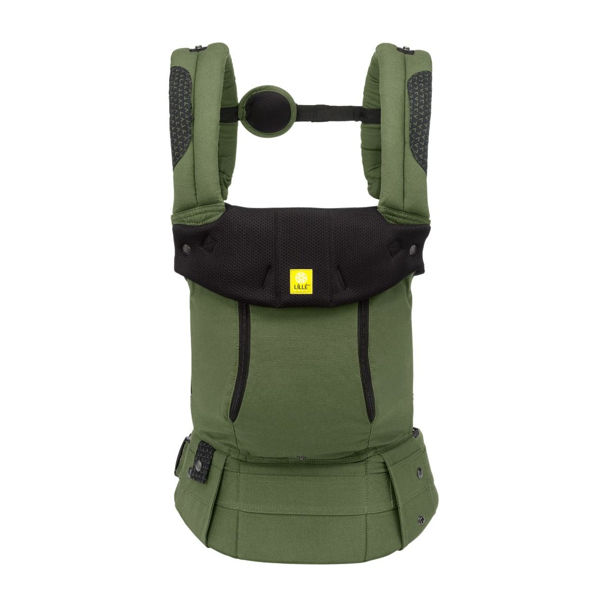 Olive Green baby carrier with black accents on a white background