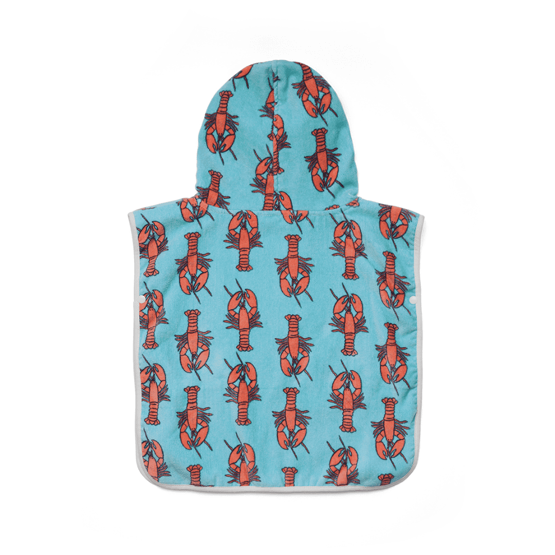 The back of a baby hooded towel with lobsters on a plain white background.