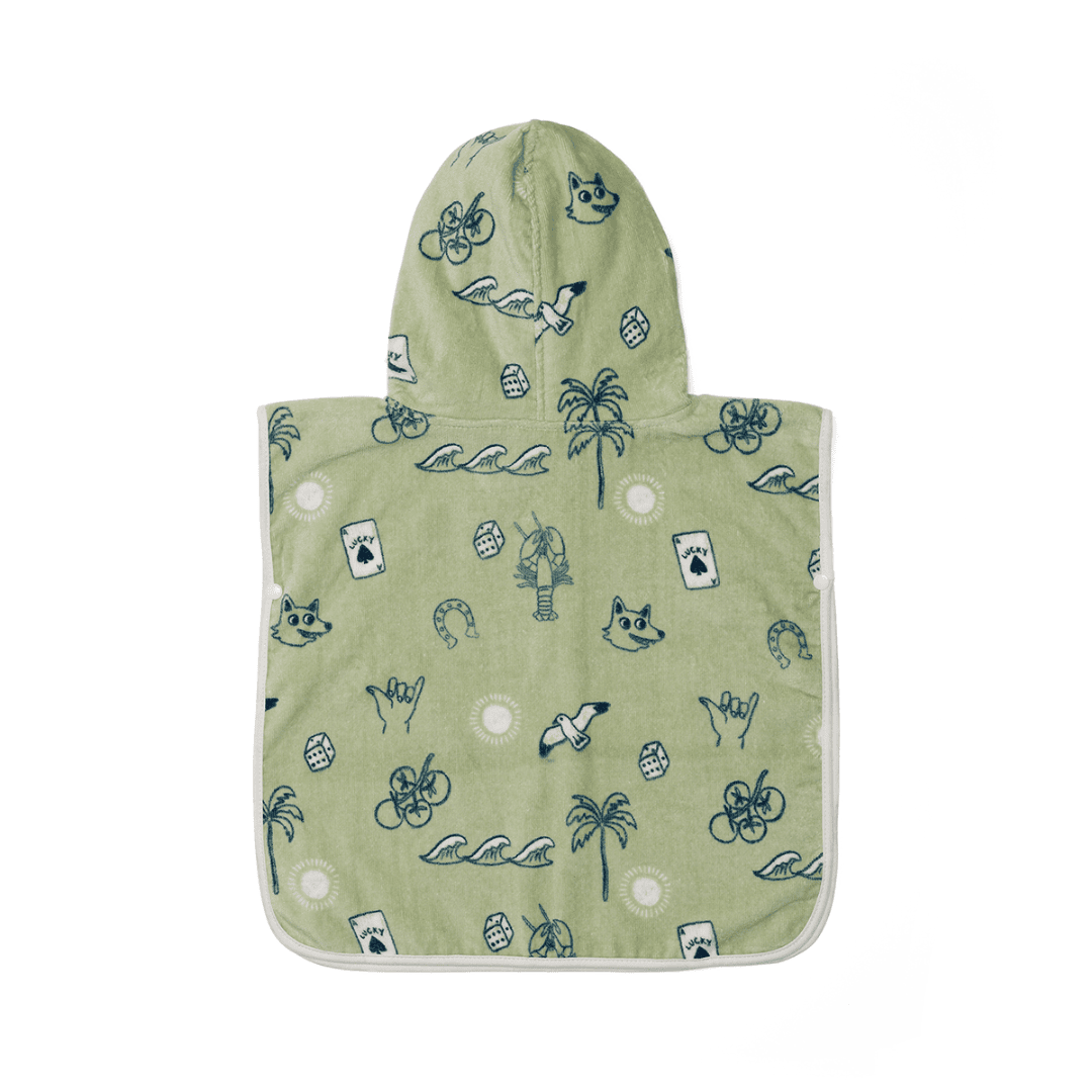 The back of a baby hooded towel with characters on a plain white background.