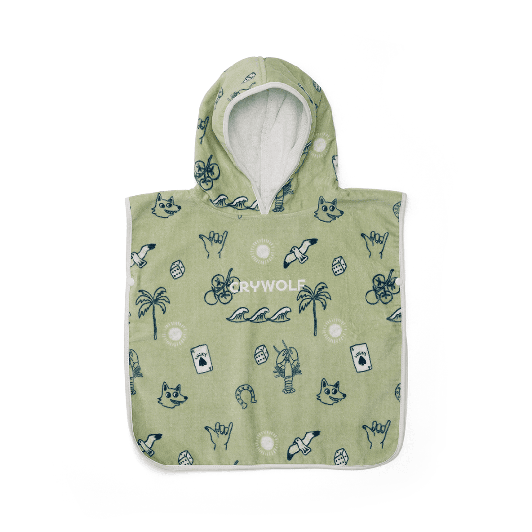 A baby hooded towel with characters on a plain white background.