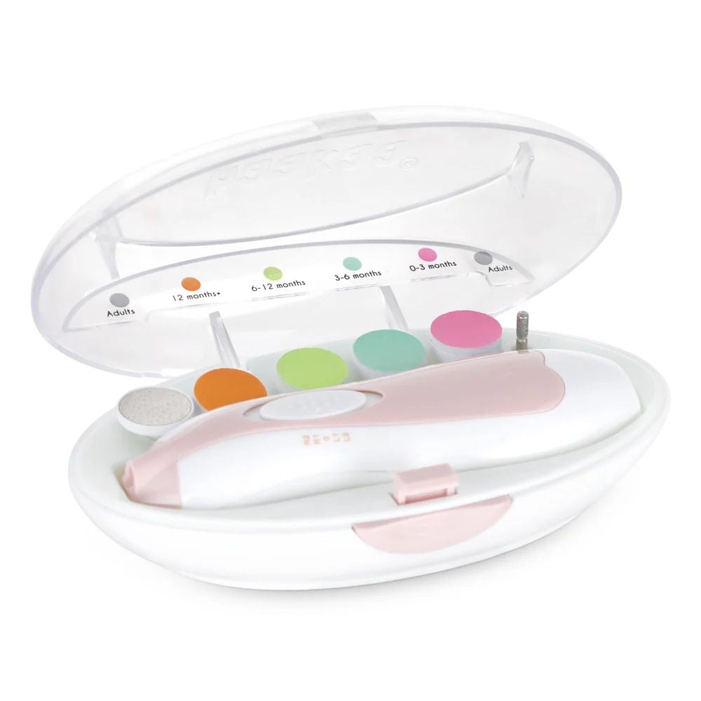 The haakaa baby care nail kit is a safe and easy baby nail trimming machine with 5 grinding pads, quiet motor, LED light, and pressure-activated arrest system. Suitable for all ages.