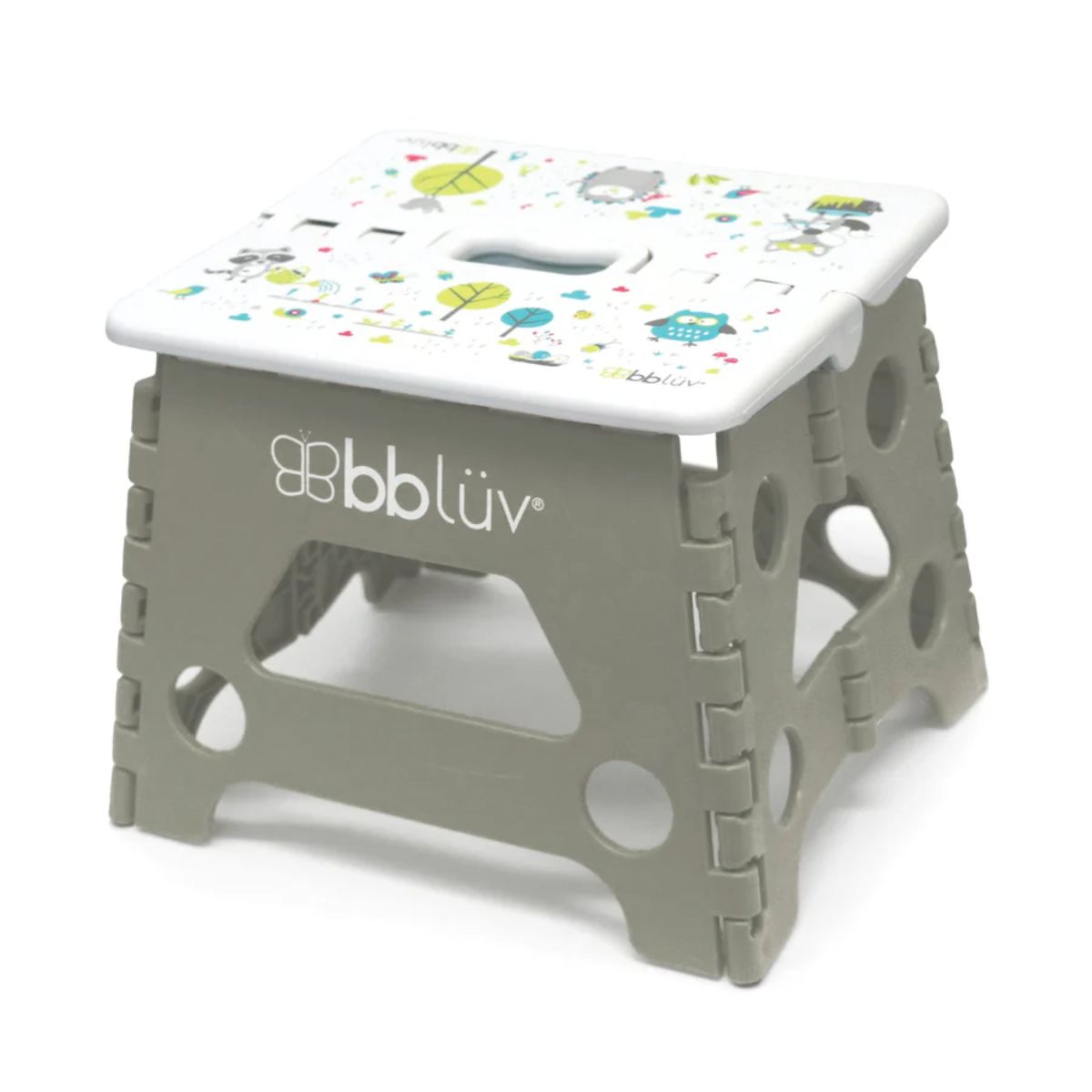 Grey and white step stool with cartoon designs on a white background designed to help little children with reaching benches, or assists them brushing their teeth.