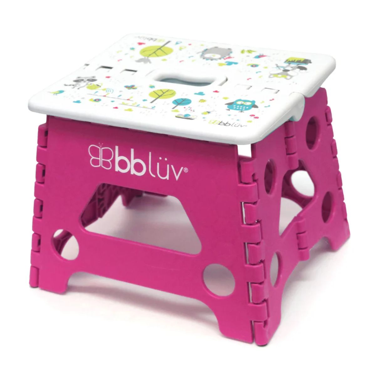 Pink and white step stool with cartoon designs on a white background designed to help little children with reaching benches, or assists them brushing their teeth.