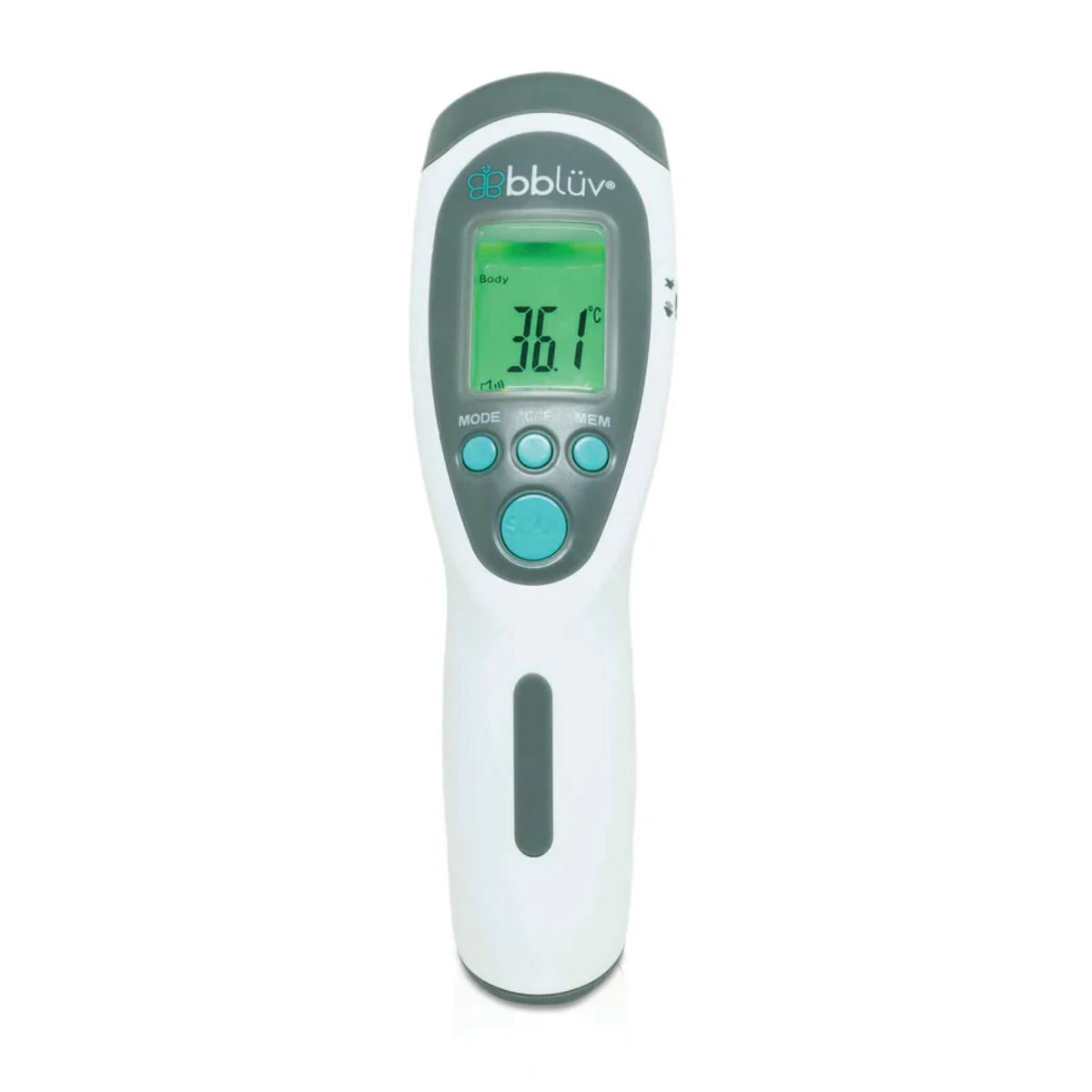 Digital thermometer with bblülé branding. precise, instantaneous, and non-contact thermometer. Designed to not only measure temperature on most body parts but also on various surfaces including milk bottles, baby food, bathwater, and even room temperature.  
