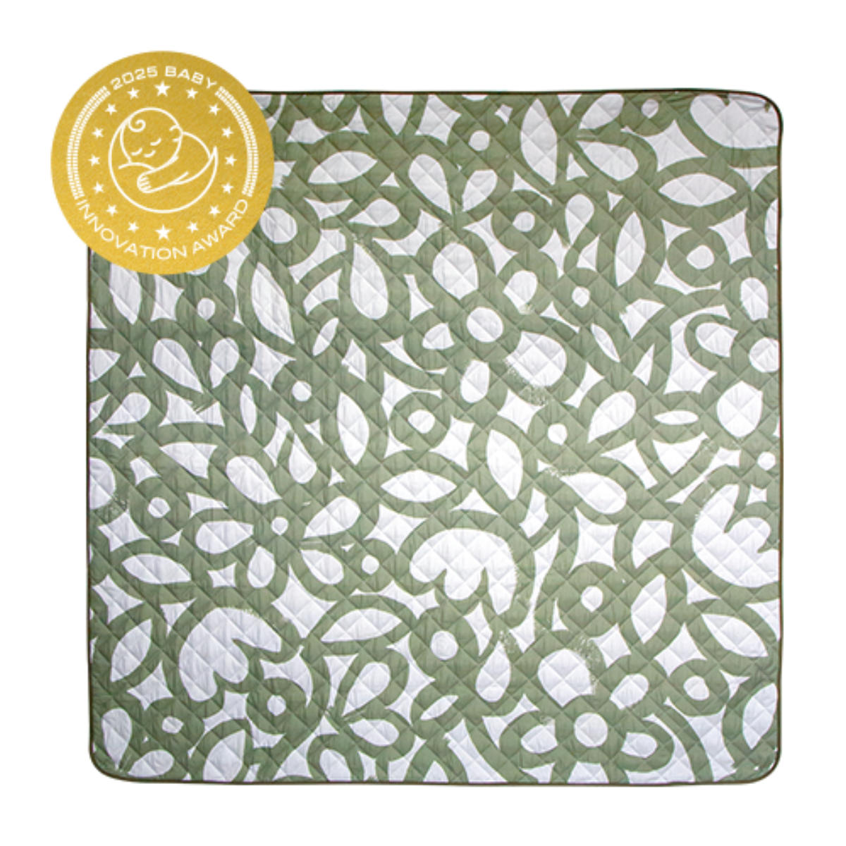 Green and white patterned baby blanket with an award badge on a white background