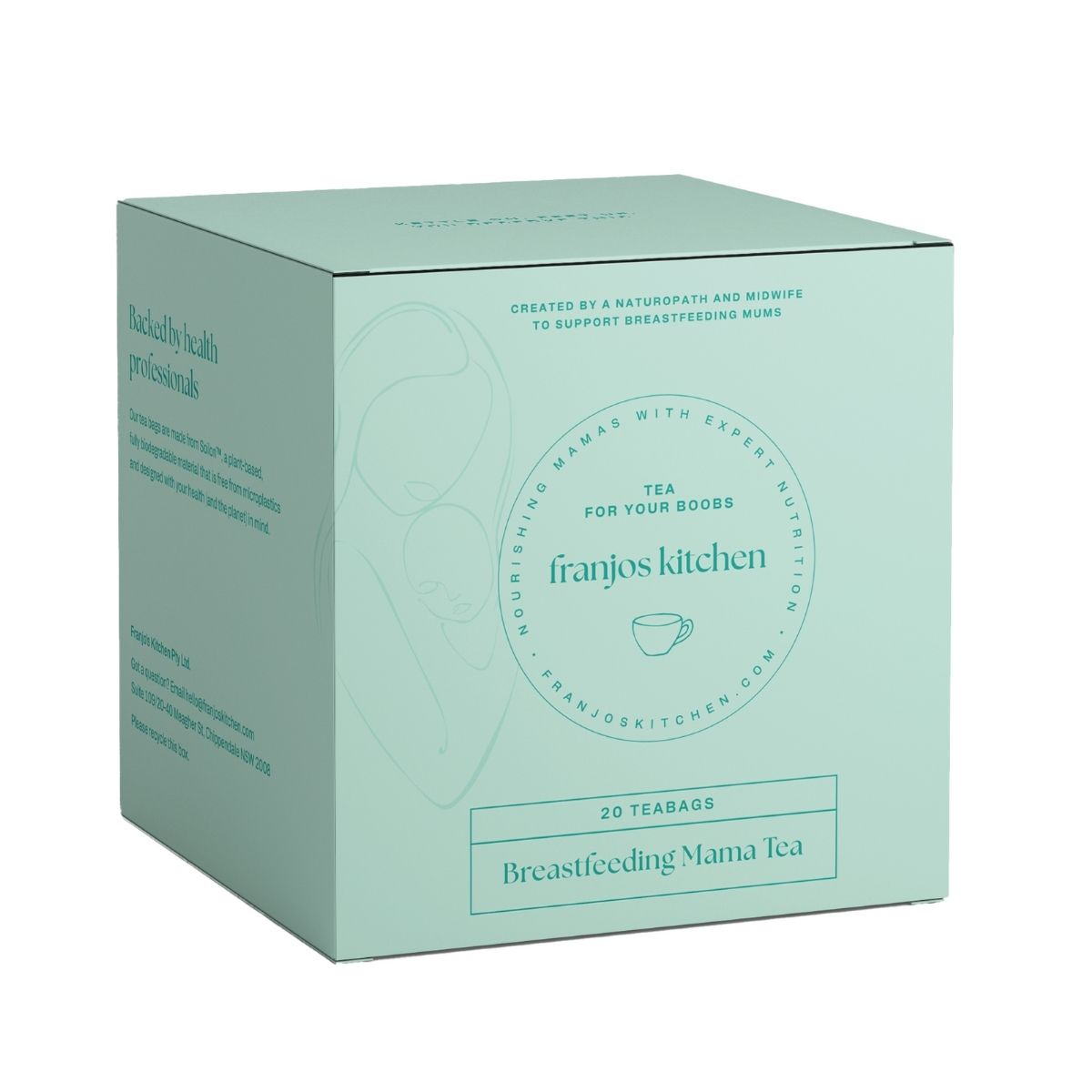 Mint green box of franjos Kitchen Breastfeeding Mama Tea on a white background
