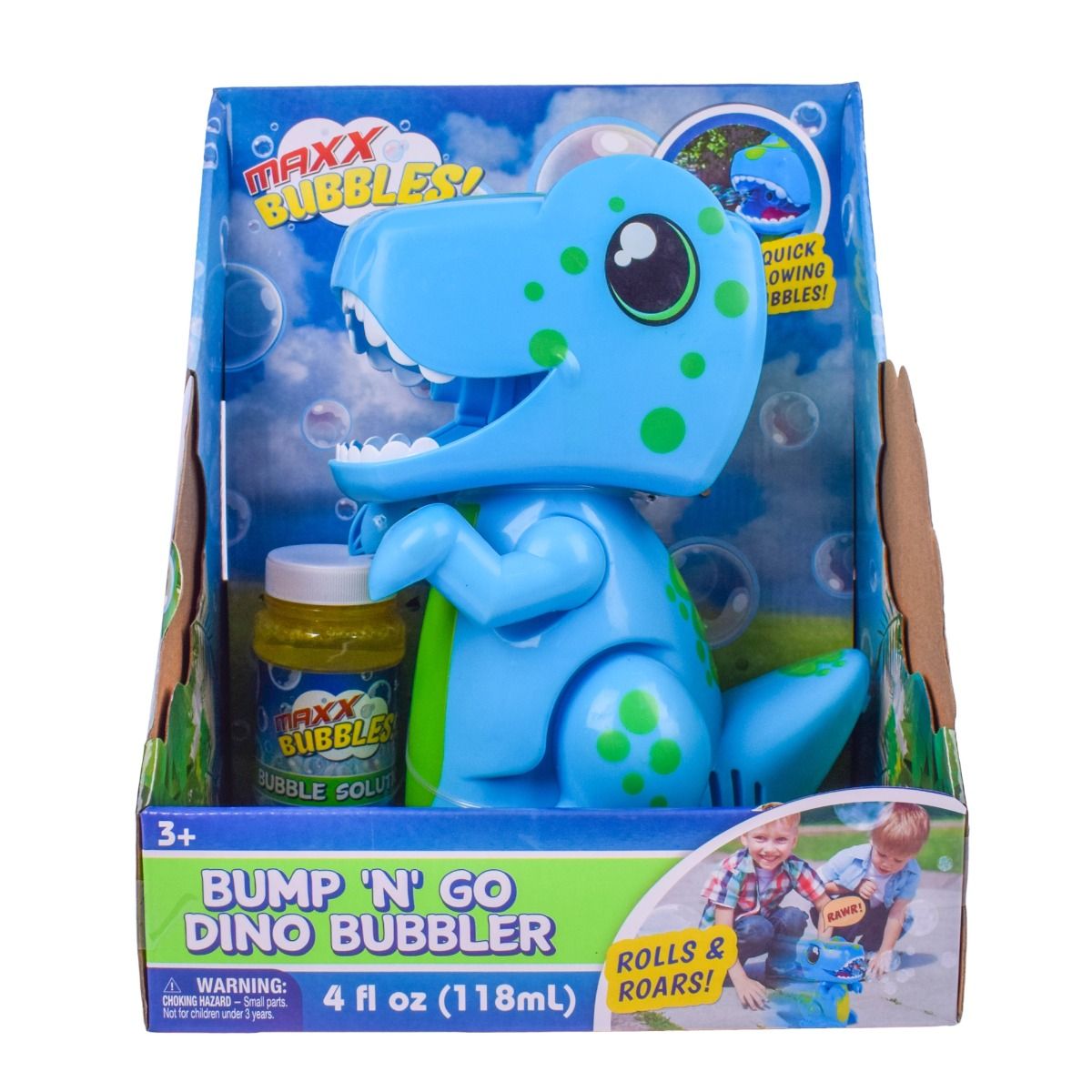 Maxx Bubbles Dino Bubbler toy packaging with dinosaur figure and bubble solution.