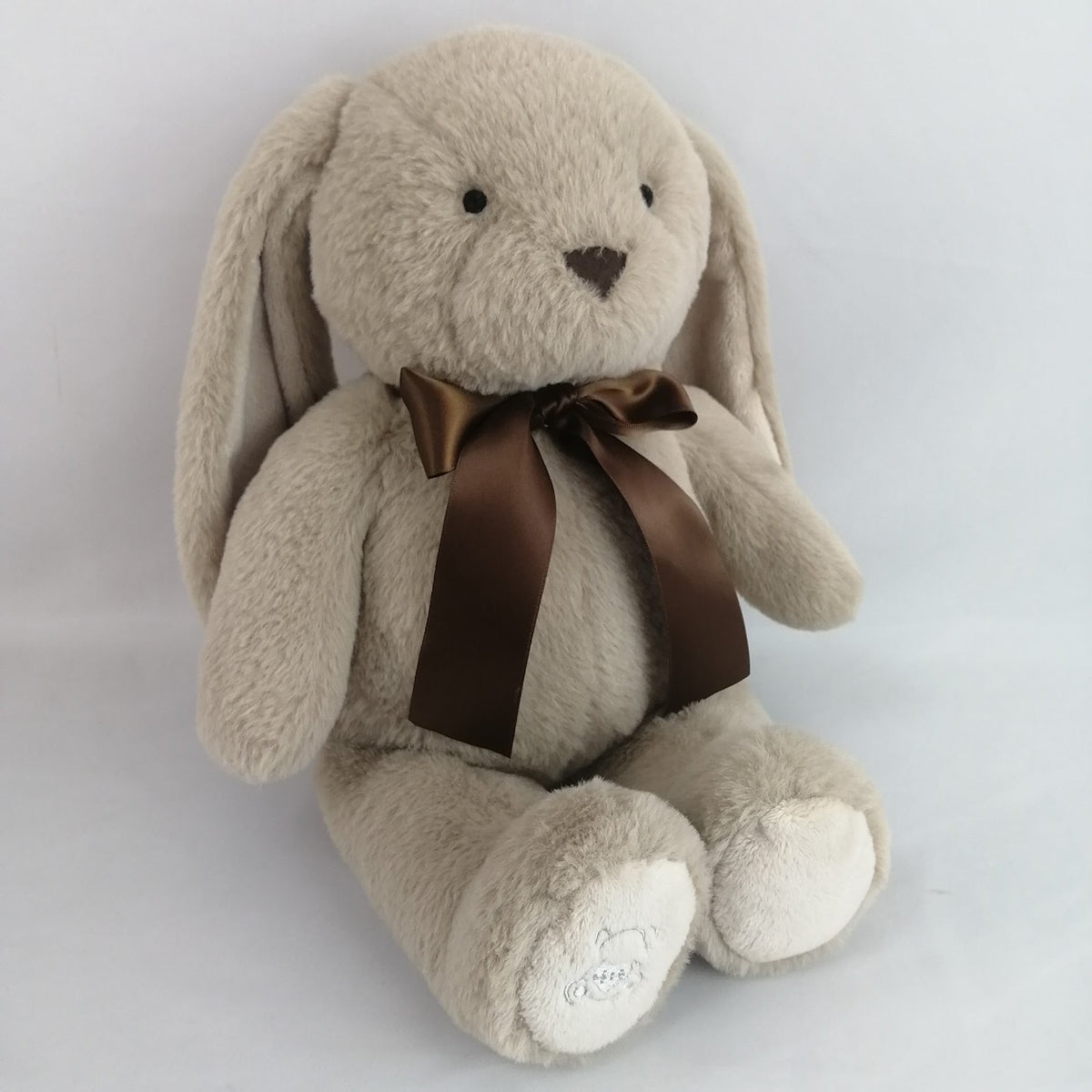 Plush bunny toy with a brown bow. Has heart that records a short message or your babies heartbeat while in utero. 