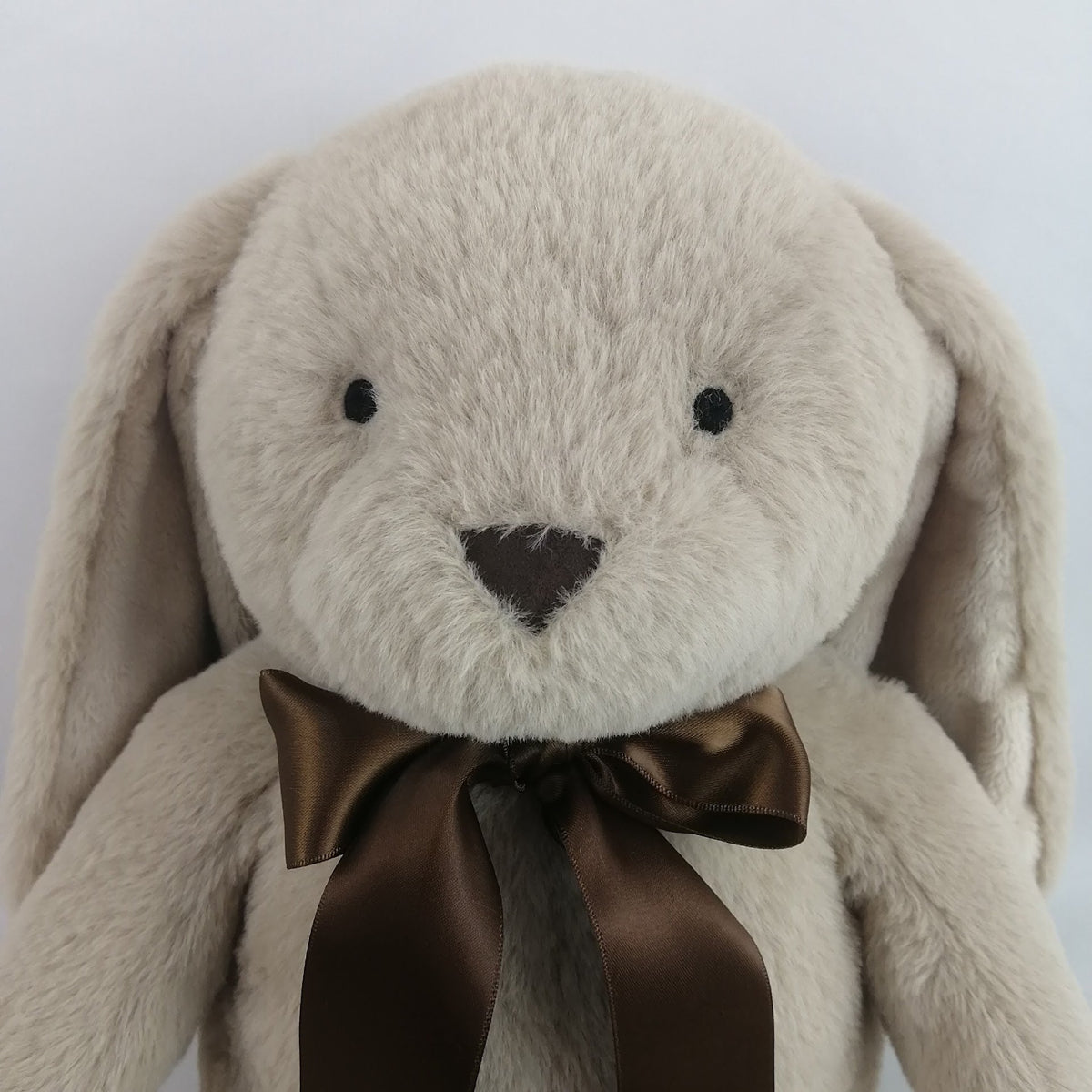 Plush bunny toy with a brown bow. Has heart that records a short message or your babies heartbeat while in utero.
