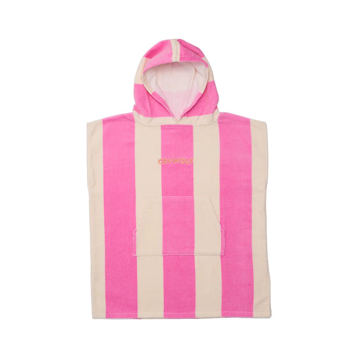 Pink and beige striped hooded towel on a white background
