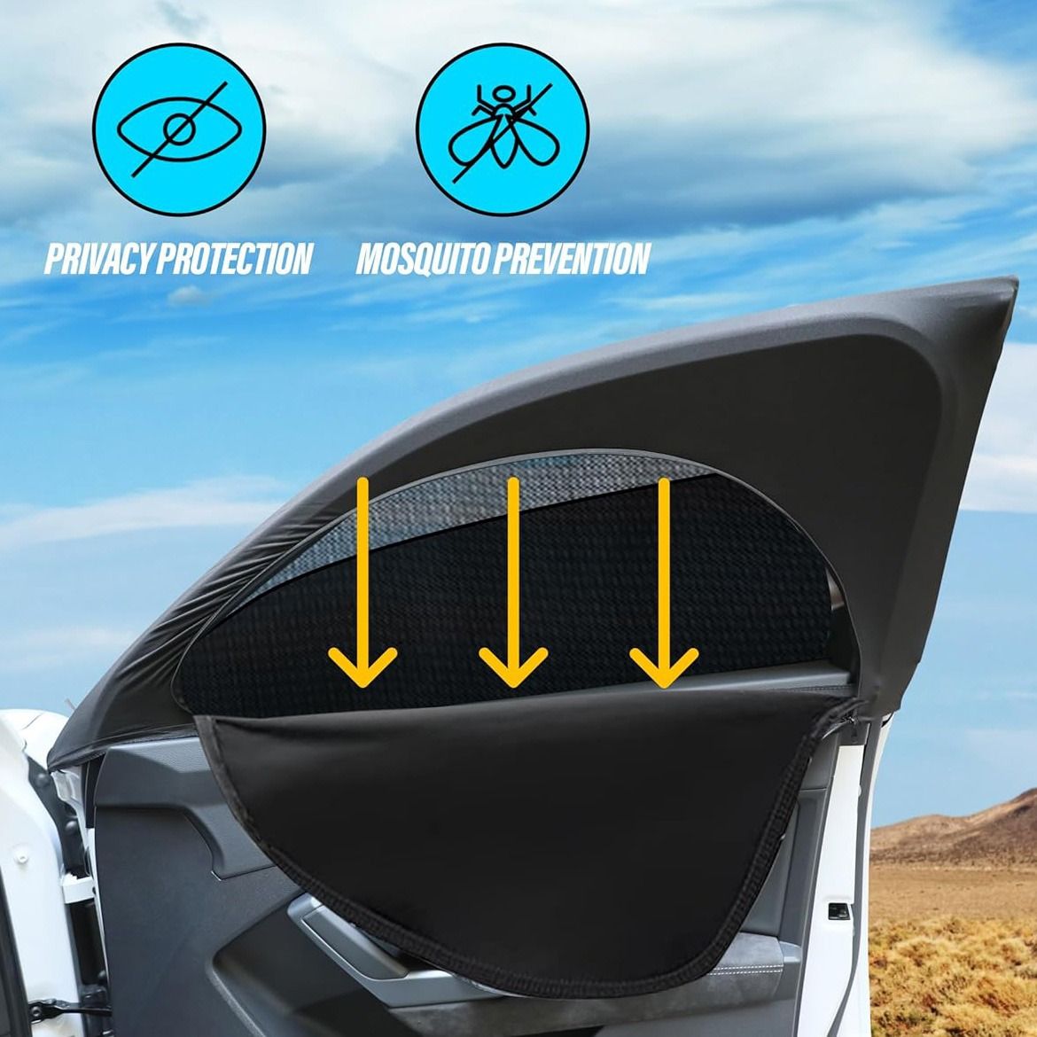 Car window sunshade with privacy protection and mosquito prevention features against a blue sky background.