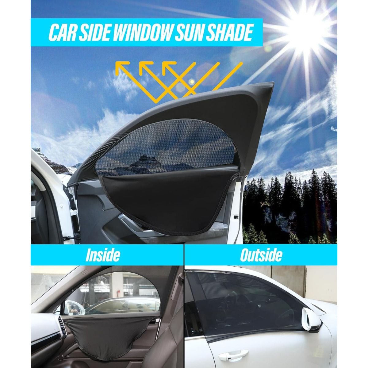 Car side window sun shade with before and after effects on a car window.