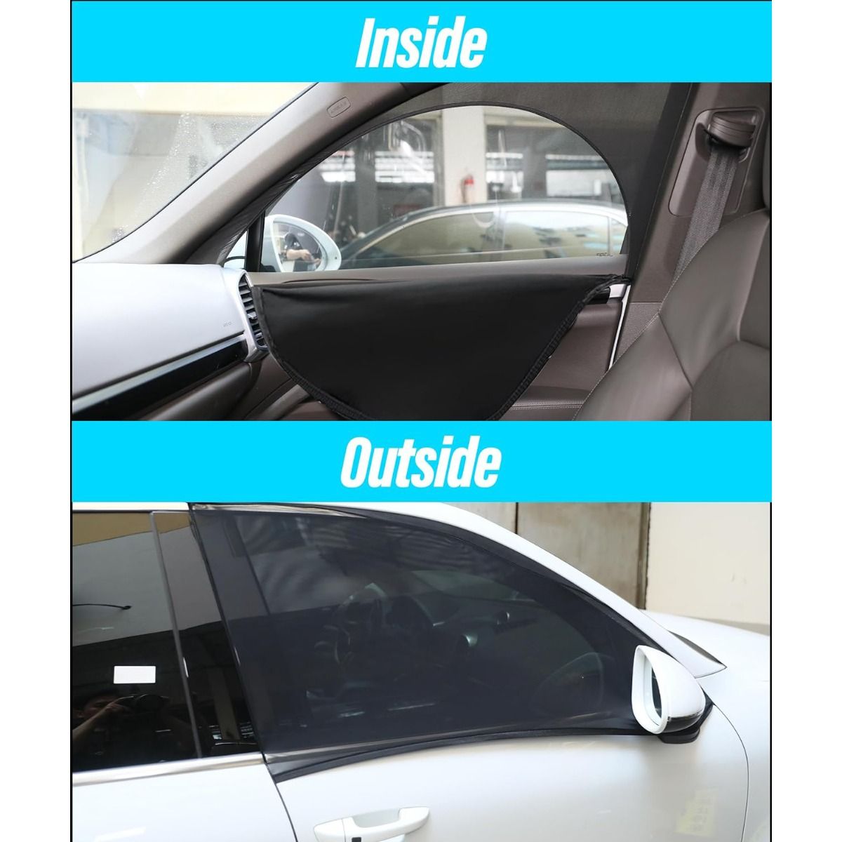 Car sunshade shown from inside and outside a vehicle with &#39;Inside&#39; and &#39;Outside&#39; labels.
