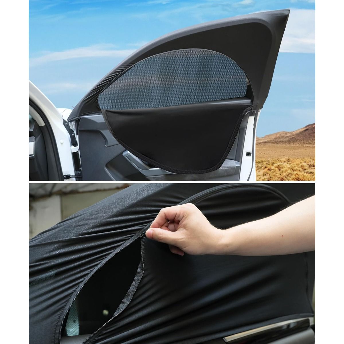 Car window sunshade being used on a vehicle with a desert landscape in the background.