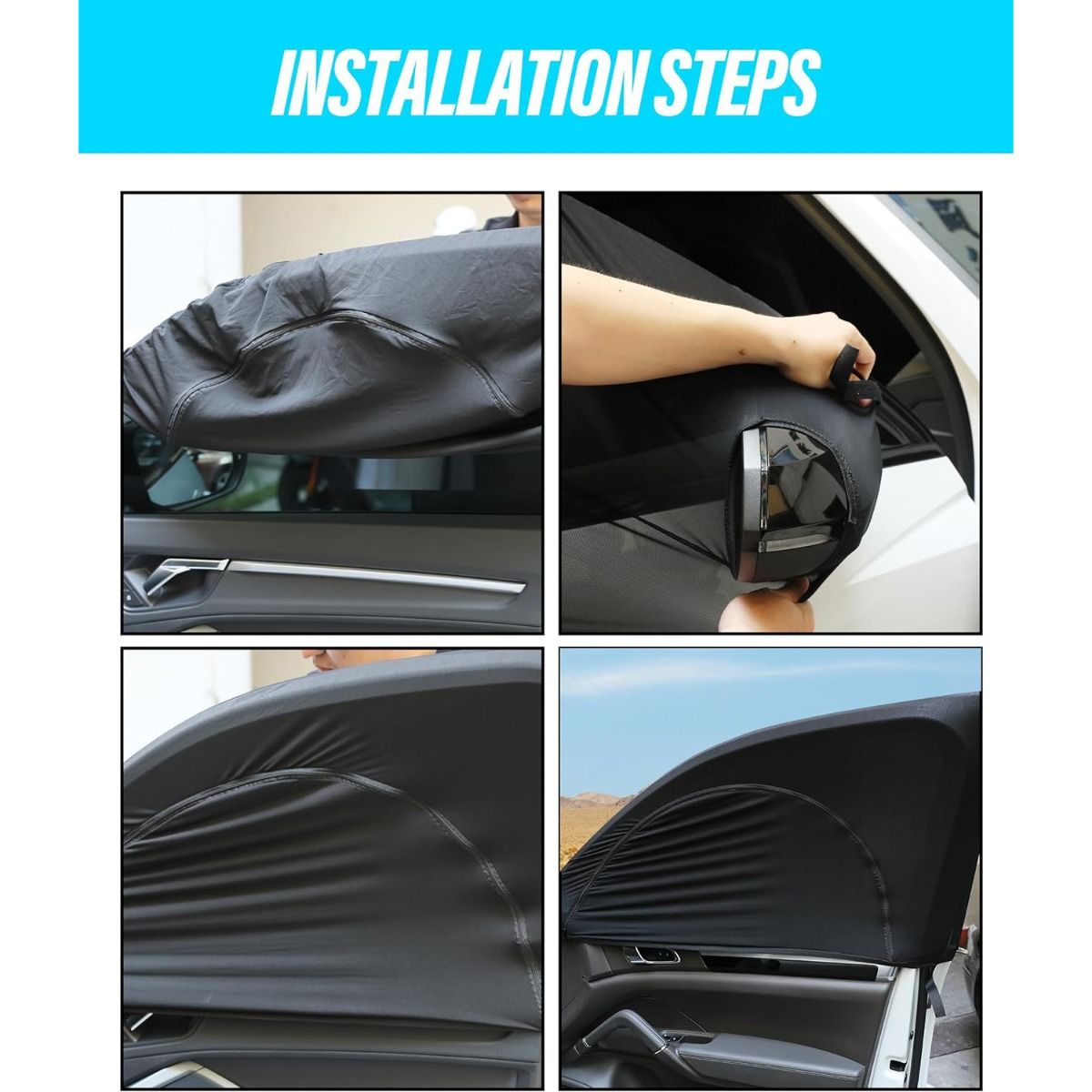 Step-by-step installation guide for a car sunshade with images of the process.