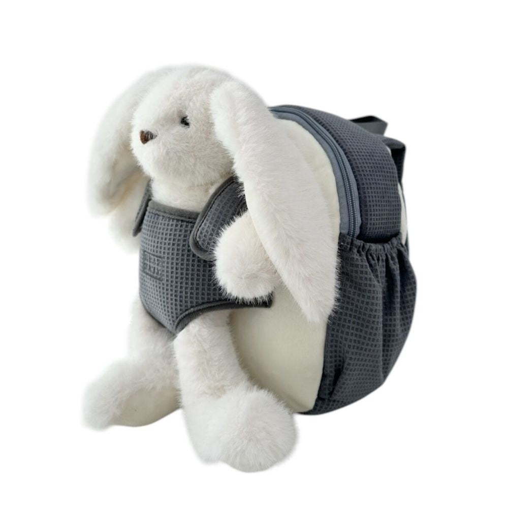 Chai Baby Blue Bunny Backpack for kids with a carrier on the front to hold a child&#39;s favourite toy.