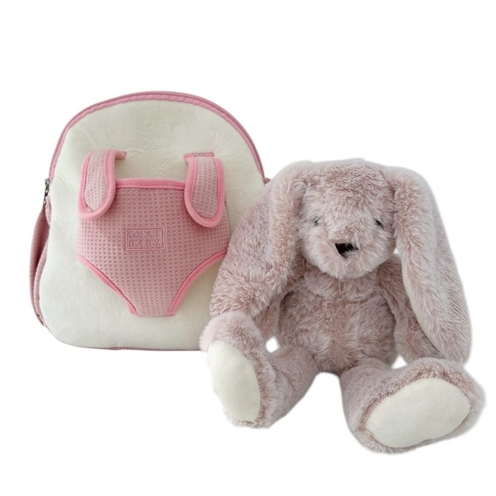 Chai Baby Pink Bunny Backpack for kids with a carrier on the front to hold a child&#39;s favourite toy.