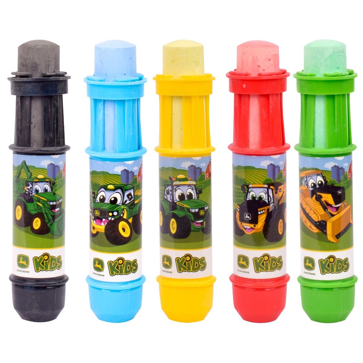 Set of colorful  John Deere Chalk and holders with cartoon tractors and construction vehicles on a white background