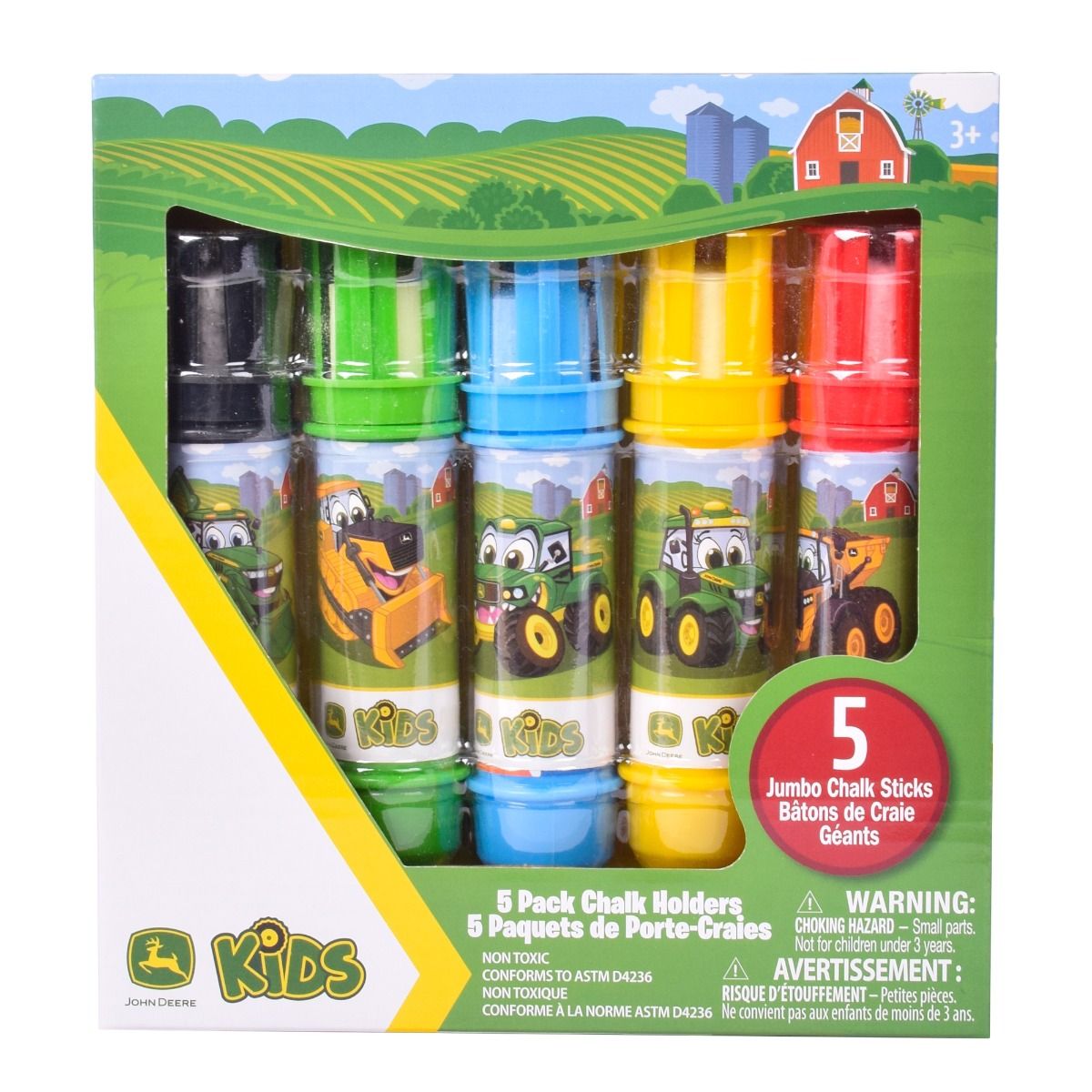 Packaging of John Deere chalk sticks with colorful bottles and a farm-themed design.