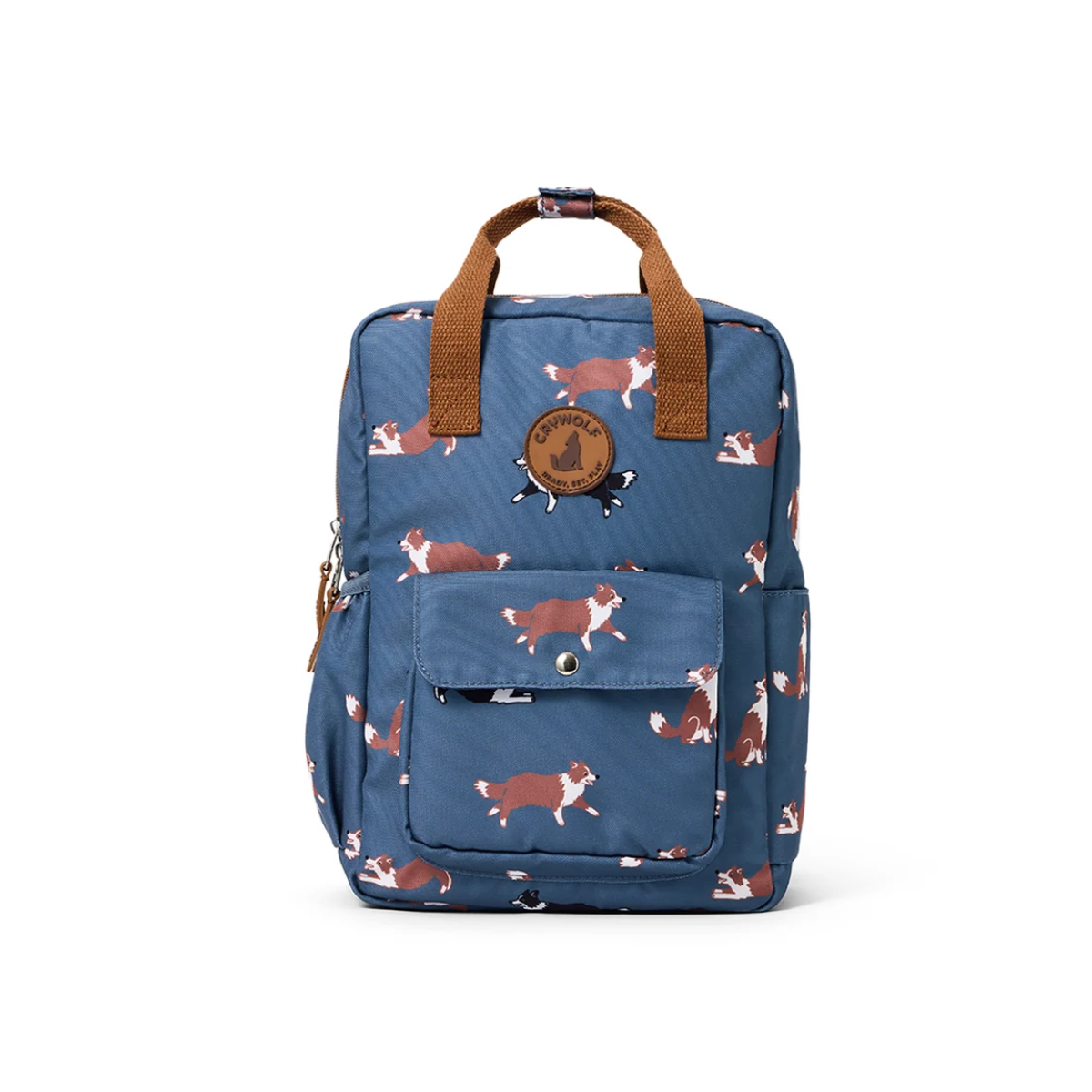 A blue backpack with an all-over print of brown and white foxes, featuring brown leather top handles and a circular fox logo patch on the front pocket.