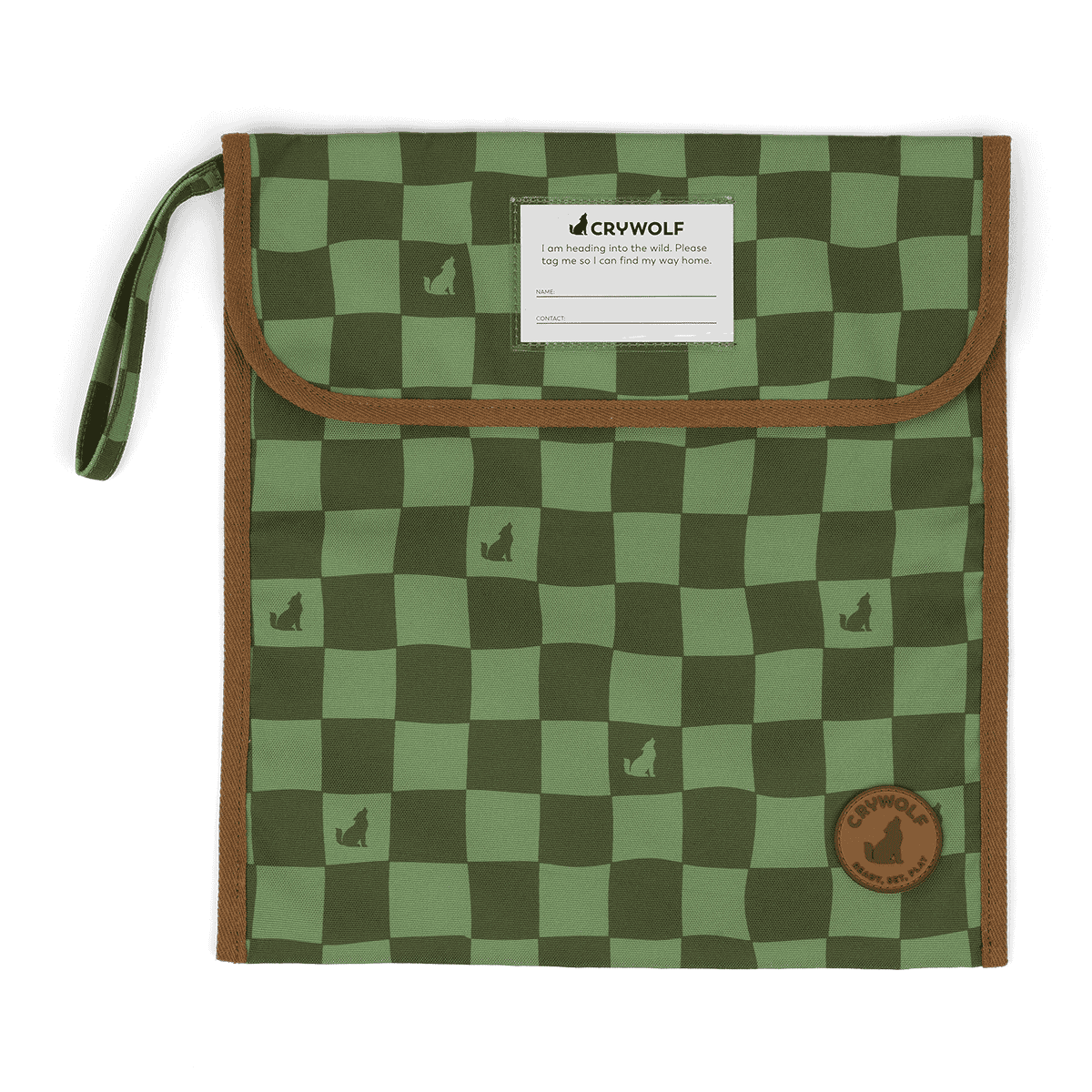 A green and dark green checked book bag for kids books on a plain white background.